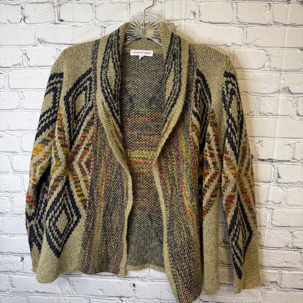 Woven Heart Boho Tribal Knit Cardigan Shawl Collar Cozy Geometric Sweater Medium
